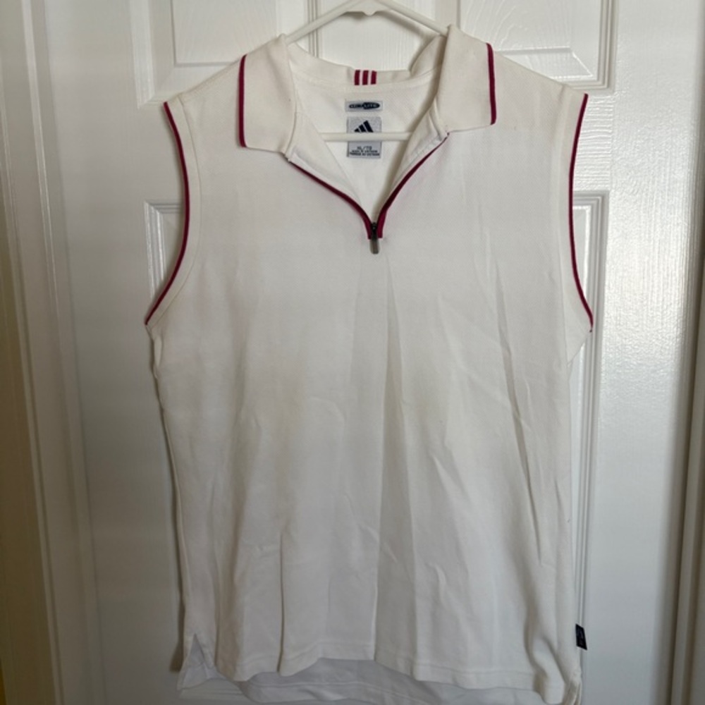 Adidas Climalite Golf Shirt Size XL, White with Dark Red Trim Zip Collar